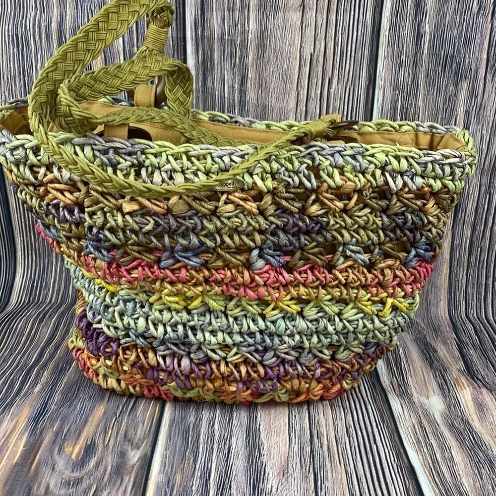 Cappelli Multi Colored Natural Woven Fibered Bag W/ Two Braided Straps- Zipper